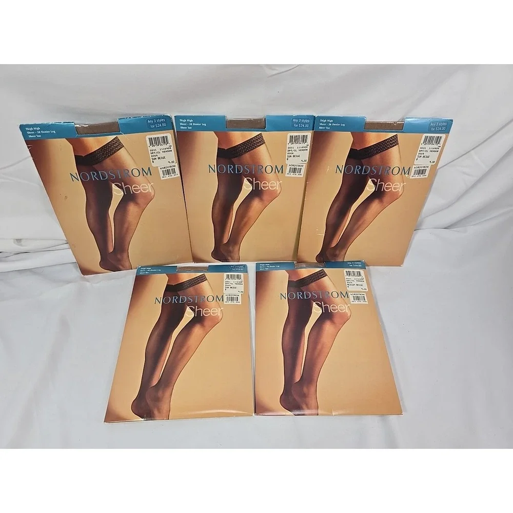 5 Pair Nordstrom Sheer Pantyhose Beige Black 20 Denier Leg Size B NEW‎